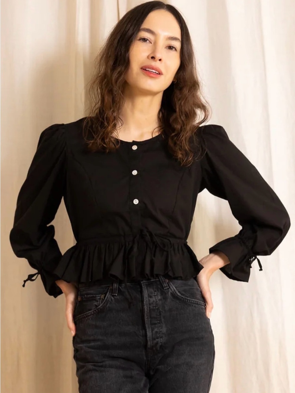 Lekha Black Ruffle-Hem Button Front Blouse
